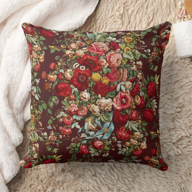 Dark Burgundy Victorian Rose Floral Ribbon Pattern Throw Pillow (Blanket)