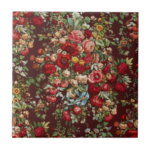 Dark Burgundy Victorian Rose Floral Ribbon Pattern Tile