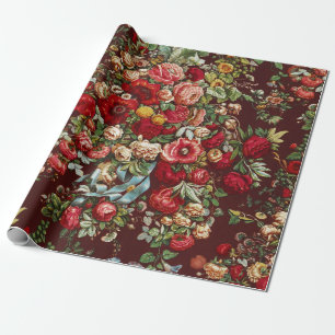 Dark Burgundy Victorian Rose Floral Ribbon Pattern Wrapping Paper