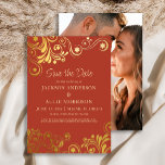 Dark Burnt Orange Gold Swirls Photo Wedding Save The Date<br><div class="desc">Dark burnt orange wedding Save the Date accented with elegant and fun gold swirls and flourishes. Personalized with your information on the front and your photo on the back. Contact me for assistance with your customizations or to request additional matching or coordinating Zazzle products for your special occasions. The background...</div>