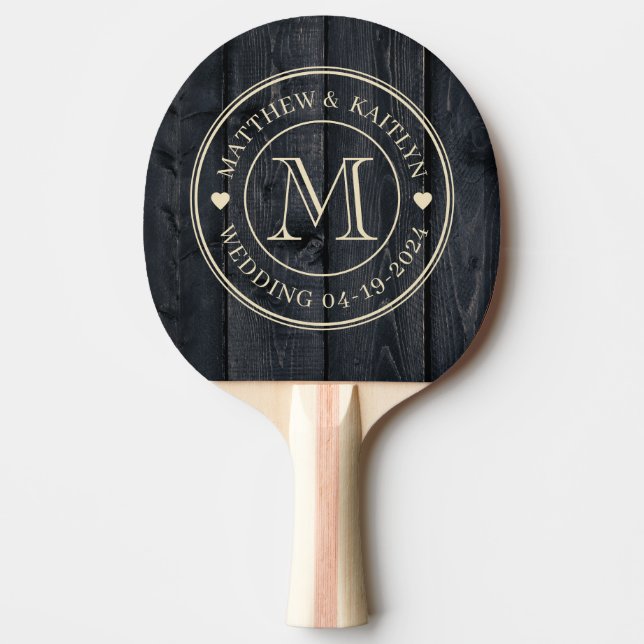 Dark Burnt Wood Wedding Monogram Heart Ping Pong Paddle (Front)