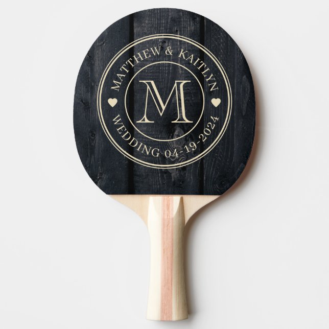 Dark Burnt Wood Wedding Monogram Heart Ping Pong Paddle (Front)