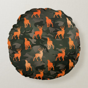 Dark Camo with Orange Deer Round Pillow