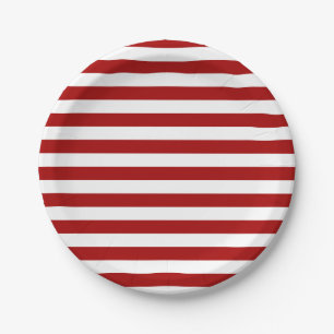 Dark Candy Apple Red and White Stripes Paper Plate