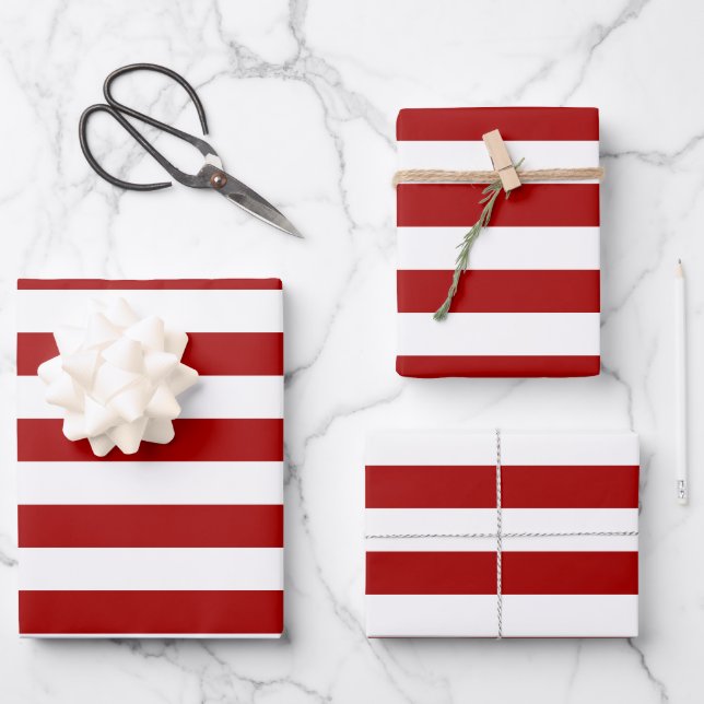 Dark Candy Apple Red and White Stripes Wrapping Paper Sheet (Front)