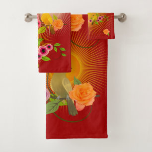 Dark Candy Apple Red Dew Drops & Sunshine Bath Towel Set