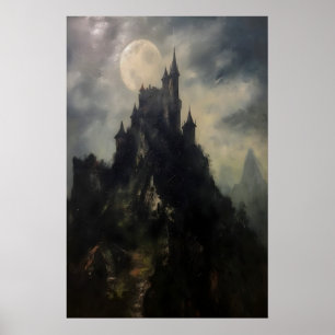 Dark Castle On Mountain Antique Oil Painting Poster