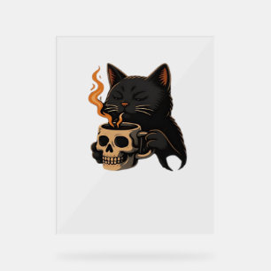 Dark Cat Coffee With Skull Mug Oversized T-Shirt Acrylic Sign