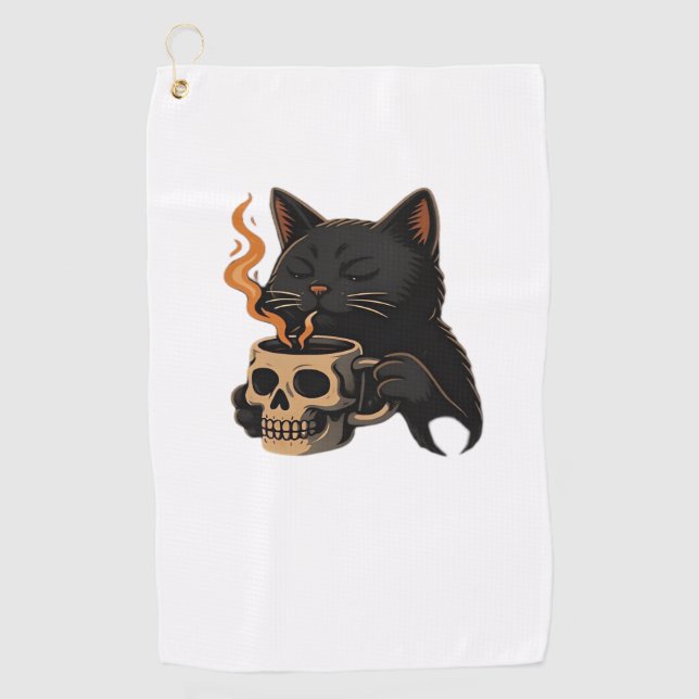 Dark Cat Coffee With Skull Mug Oversized T-Shirt Golf Towel (Front)