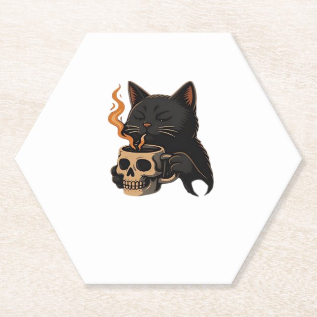 Dark Cat Coffee With Skull Mug Oversized T-Shirt Paper Coaster (Front)