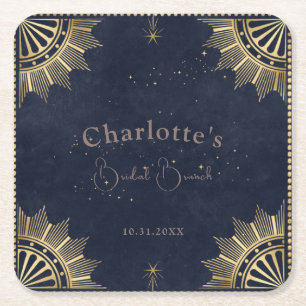 Dark Celestial Sun and Moon Bridal Brunch Shower Square Paper Coaster