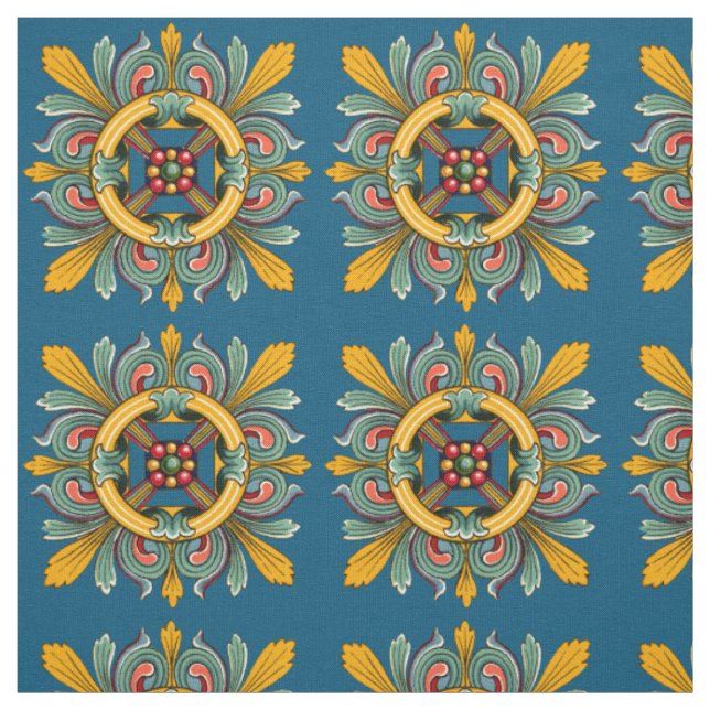 Dark Cerulean Victorian Tile Design Fabric (Swatch)
