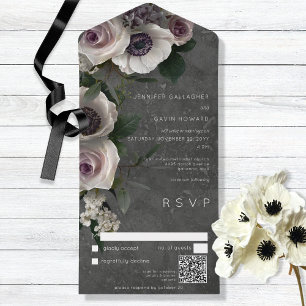 Dark Charcoal Elegant Floral Modern QR Code All In One Invitation