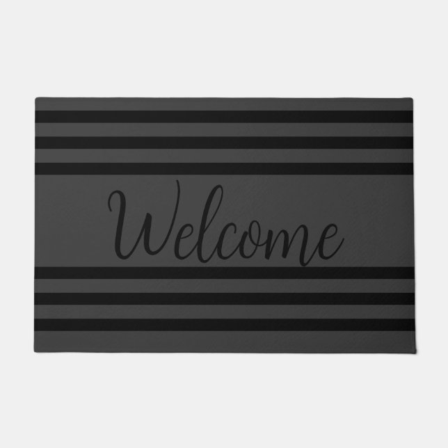 Dark Charcoal Grey And Black Stripe Welcome Doormat (Front)