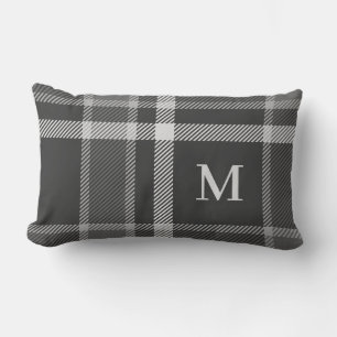 Dark Charcoal Grey Tartan Plaid with Monogram Lumbar Pillow