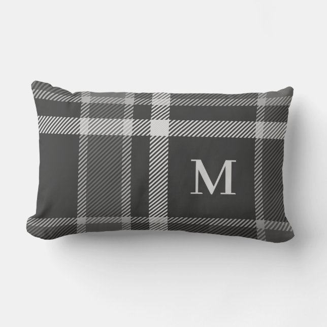 Dark Charcoal Grey Tartan Plaid with Monogram Lumbar Pillow (Front)