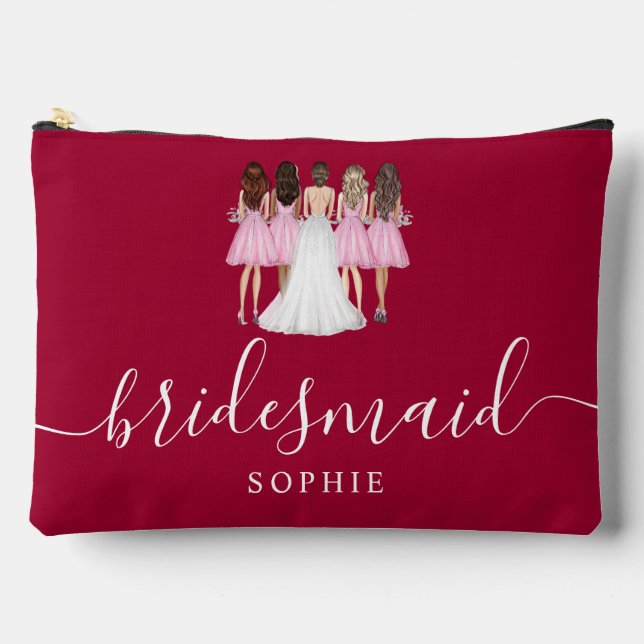 Dark Cherry Red Bridesmaid Modern Script  Accessory Pouch (Front)