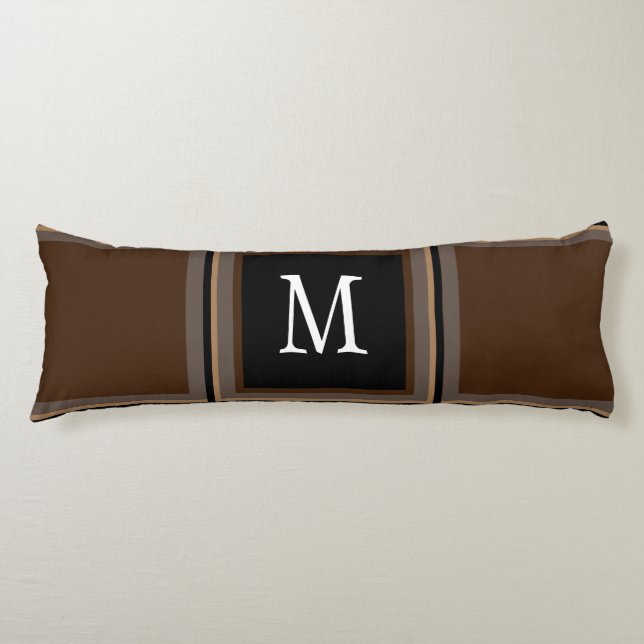 Dark Chocolate Brown Custom Single Initial Striped Body Pillow (Front)