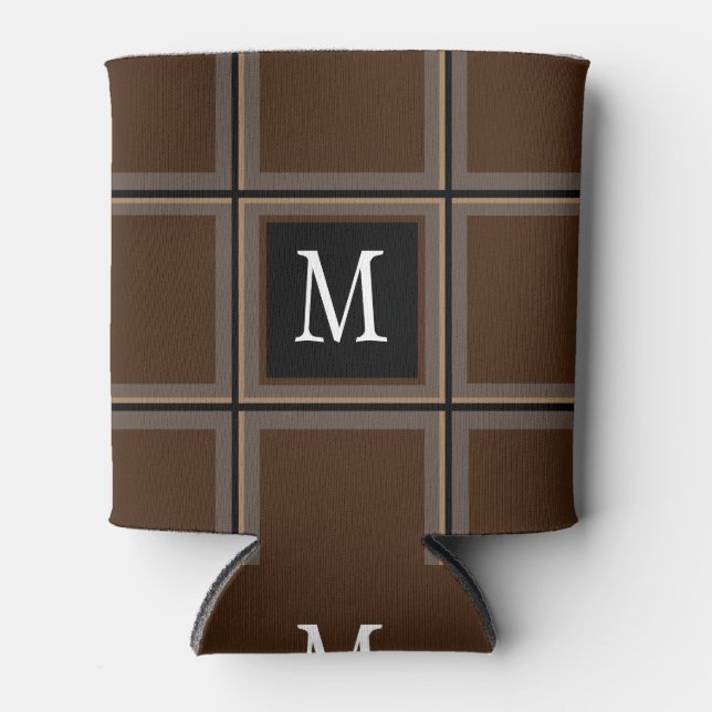 Dark Chocolate Brown Custom Single Initial Striped Can Cooler (Front)