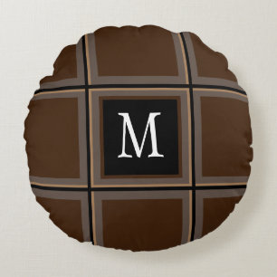 Dark Chocolate Brown Custom Single Initial Striped Round Pillow