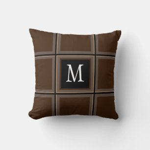 Dark Chocolate Brown Custom Single Initial Striped Throw Pillow
