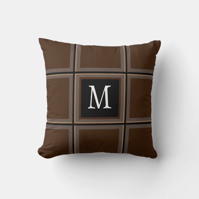 Dark Chocolate Brown Custom Single Initial Striped Throw Pillow (Front)