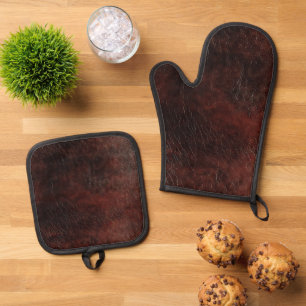 Dark Chocolate Brown Leather  Oven Mitt & Pot Holder Set
