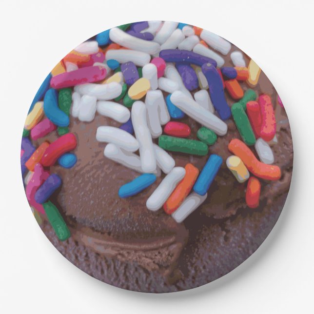 Dark Chocolate Ice Cream with Rainbow Sprinkles Paper Plate (Front)