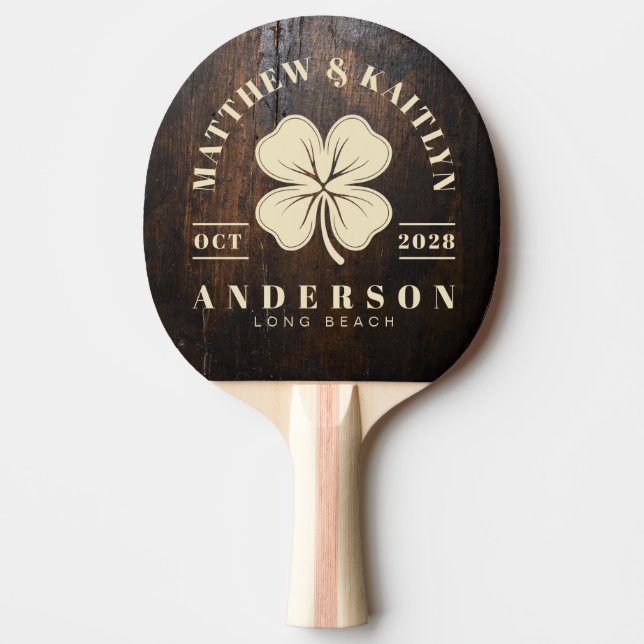 Dark Chopping Block Irish Lucky Clover Wedding Ping Pong Paddle (Front)