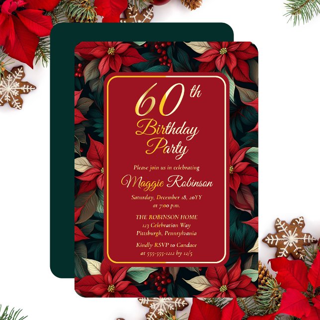 Dark Christmas Holiday Floral 60th Birthday Party (Elegant Dark and Moody Poinsettias Christmas and Holiday 60th Birthday Party Gold Foil Invitation)