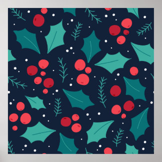 Dark Christmas Mistletoe and Leaf Pattern Poster