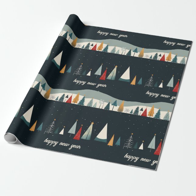 Dark Christmas Tree Pattern Wrapping Paper (Unrolled)