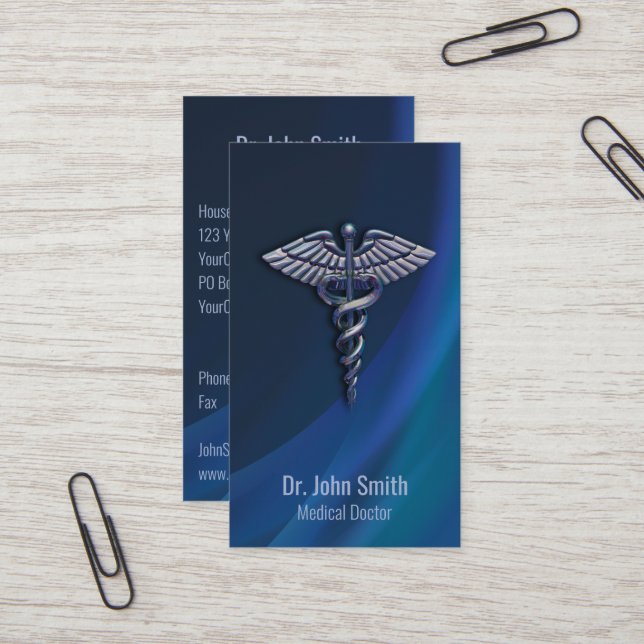 Dark Chrome Holographic 3D Medical Caduceus Business Card (Front/Back In Situ)