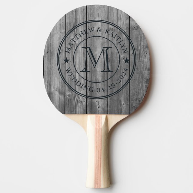 Dark Clean Gray Wood Wedding Monogram Star Ping Pong Paddle (Front)