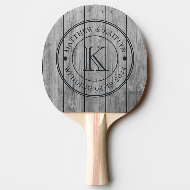 Dark Clean Grey Wood Wedding Monogram Ping Pong Paddle (Back)