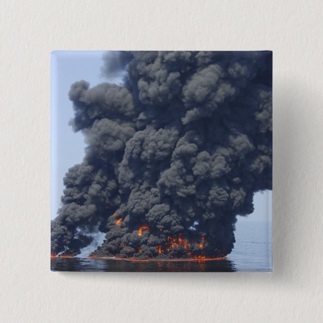 Dark clouds of smoke and fire emerge 2 2 inch square button (Front)