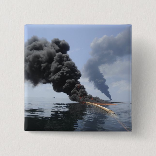 Dark clouds of smoke and fire emerge 3 2 inch square button (Front)