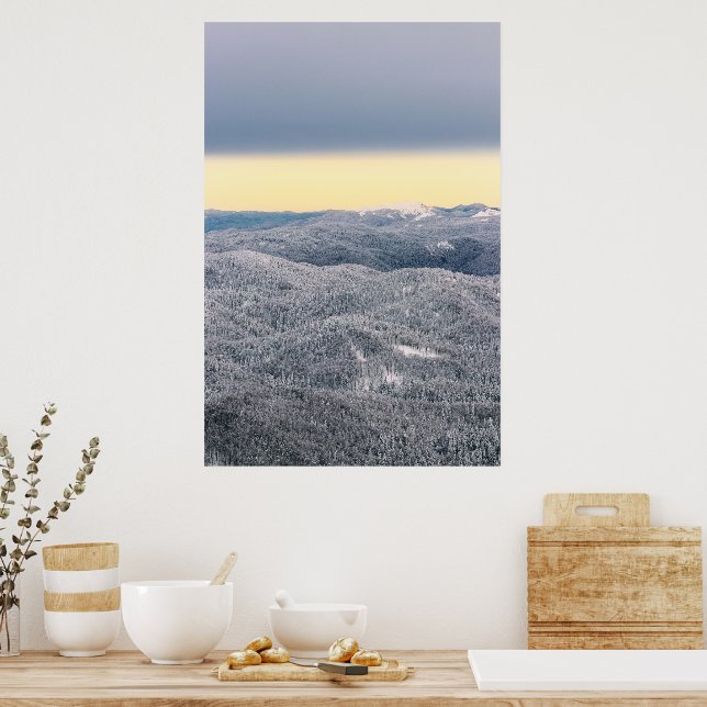 Dark clouds sunny sky and snowy winter forest poster (Kitchen)