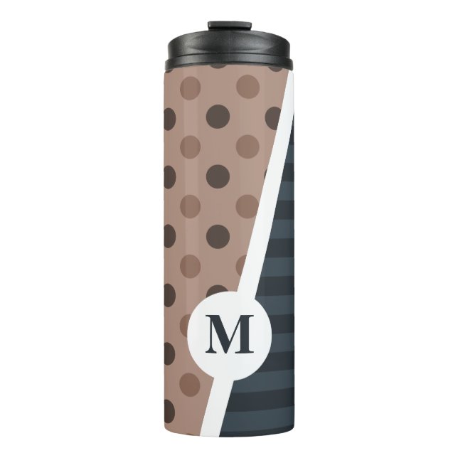 Dark Cocoa Polka Dots and Stripes: Monogram Thermal Tumbler (Front)