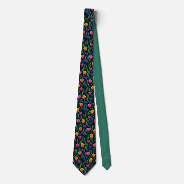 Dark Colorful Tulip Floral Pattern Tie (Front)