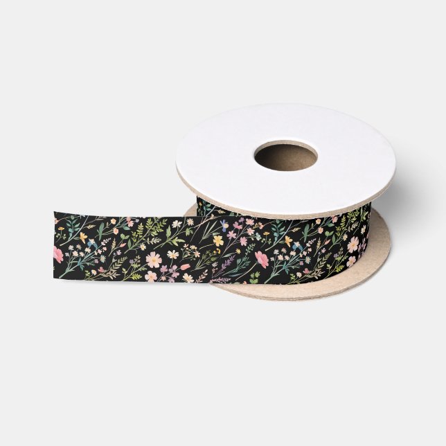 Dark Colorful Wildflower Flower Pattern Black Satin Ribbon (Spool)