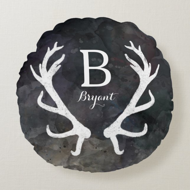 Dark Colour Watercolor, Rustic Deer Antler Round Pillow (Front)
