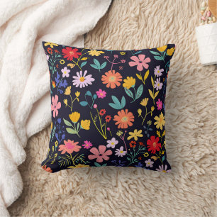 Dark Colourful Ditsy Floral Bohemian Pattern Throw Pillow
