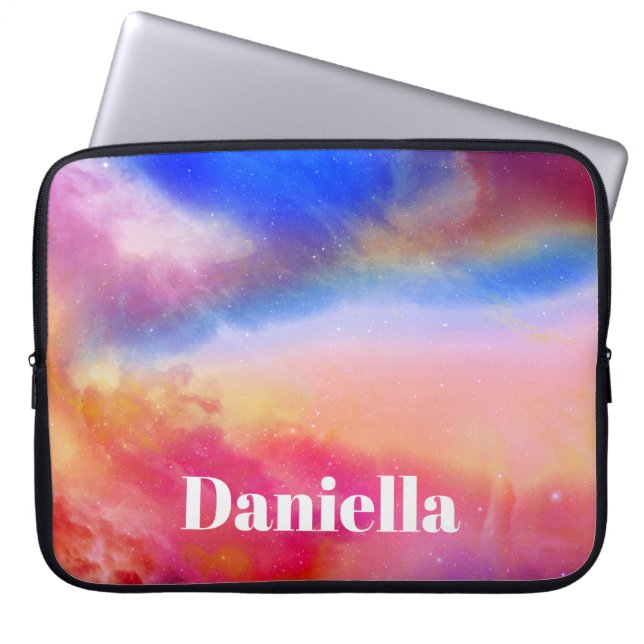 Dark Colourful Holographic Sky with Custom Name Laptop Sleeve (Front)