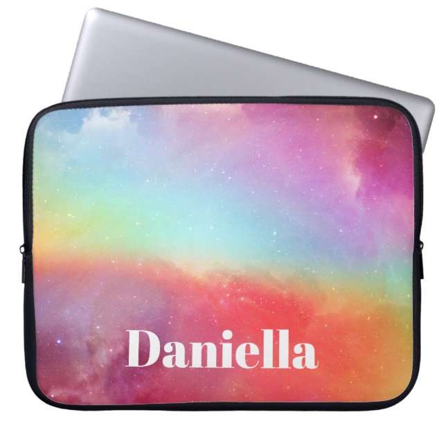 Dark Colourful Holographic Sky with Custom Name Laptop Sleeve (Front)