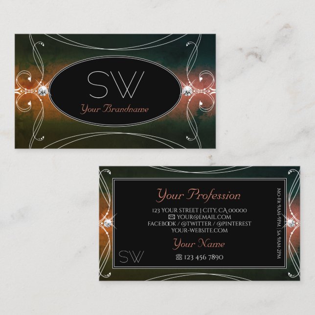 Dark Colourful Ornate Sparkling Diamonds Monogram Business Card (Front/Back)