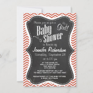Dark Coral Chevron; Vintage Chalkboard Invitation