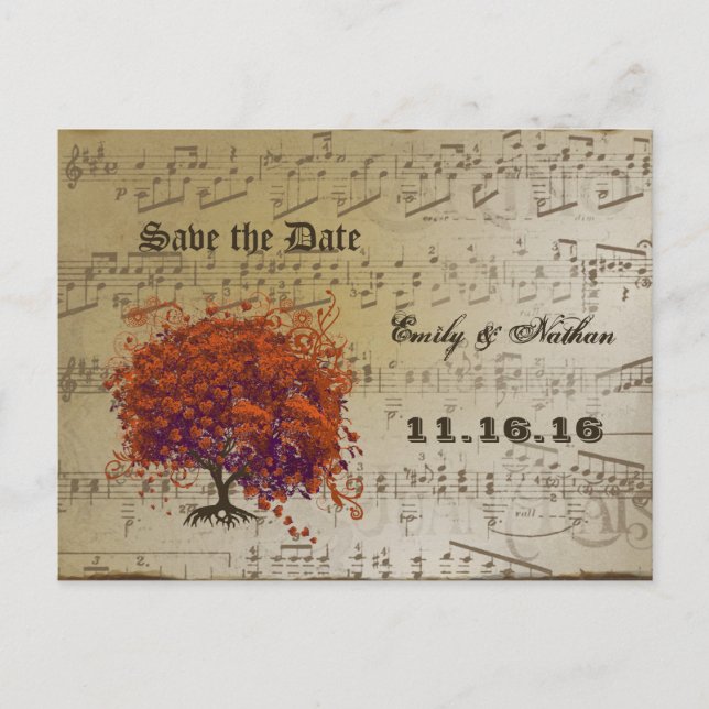 Dark Coral Heart Leaf Tree Save the Date Announcement Postcard (Front)