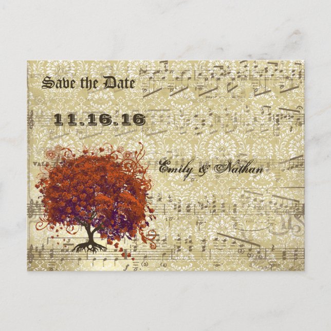 Dark Coral Heart Leaf Tree Save the Date Announcement Postcard (Front)