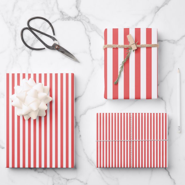 Dark Coral & White Stripes Wrapping Paper Sheet (Front)